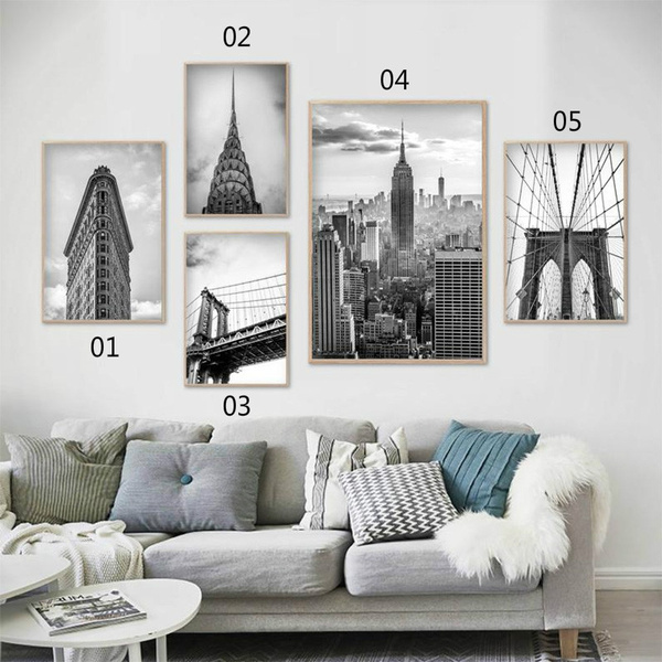 New York Black and White Skyline Panoramic Picture Canvas Print Home Wall Art 