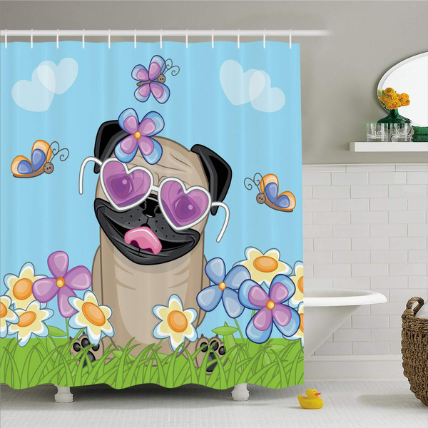 Pug Shower Curtain Puppy On The Field, Open Sky Shower Curtain