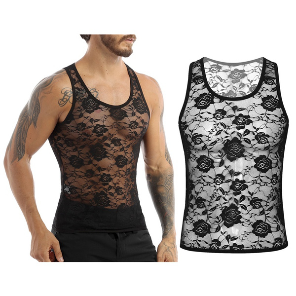 Men’s Sissy See Through Muscle Lace Sleeveless Shirts Tank Top Undershirt Vest