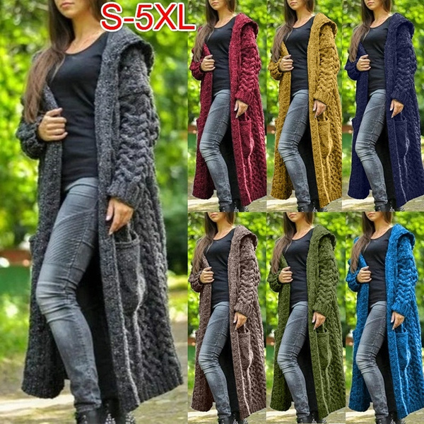 Womens Autumn Winter Coats Clearance Chic Women Solid Color Long Sleeve Hooded Knitted Sweater Cardigan Coat Outwear