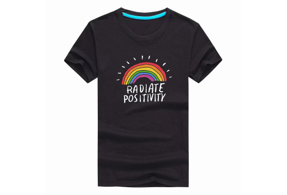 Radiate Positivity Rainbow T-Shirt Women Funny Letter Printed Rainbow Graphic Tee Summer Short Sleeve Shirts Tops Tee