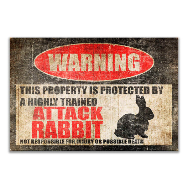 Rabbit Sign Funny Attack Bunny Sign Warning Danger Metal Tin Sign