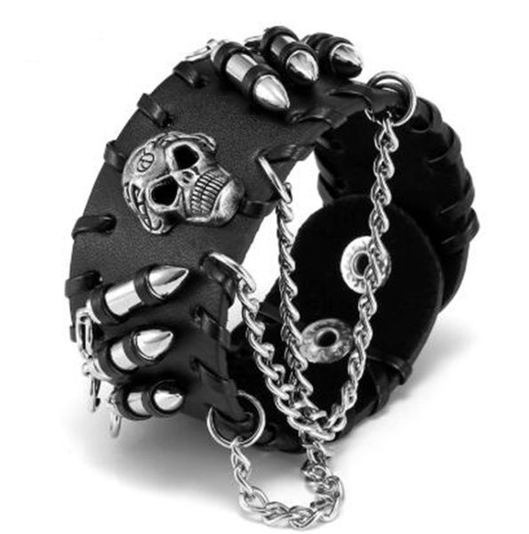 Men's Women's Skull Stainles Steel Chain Bullet Leather Bracelet Wristband Black 