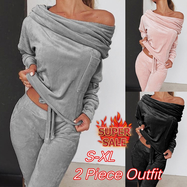 2020 Fashion Coral Fleece Tracksuit Off Shoulder Tops + Long Pants Set Women  Casual Running Sets 2 Pieces Breathable SportsWear