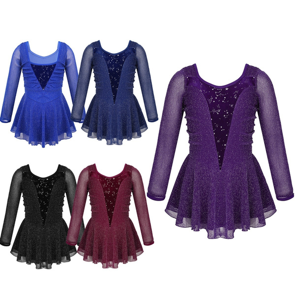 Figure Skating Dress Long Sleeve Ice Skating Skirt for Big Girl Skirt Glitters Tulle Competition