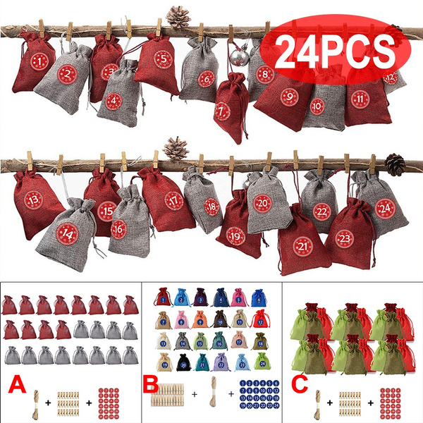 YOUTA Advent Calendar Bags Linen Countdown Calendar 24PCS Bags Small for Christmas decoration with Clips Stickers Rope Resusable Diy Craft Padding 