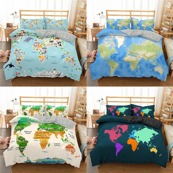3pcs Cotton Duvet Cover And Pillow Case, World Map Duvet Cover Twin
