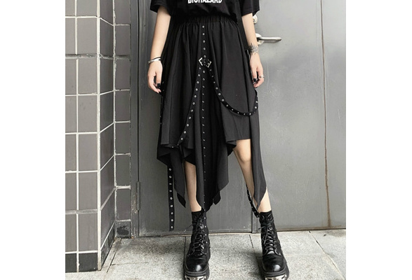 Punk Women Asymmetric Skirt Rivet Gothic Ribbon A-line Rock Japanese  Harajuku Midi
