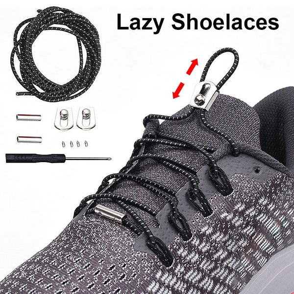 1Pair Metal Lock Shoelaces Round Elastic Shoe Laces Special No Tie