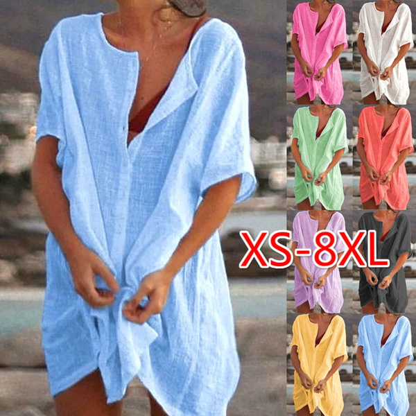 XS-8XL Plus Size Fashion Dresses Spring Summer Clothes Women's Casual Short  Sleeve Blouses Loose Deep V-neck Dress Beach Wear Party Dress Ladies Casual  Solid Color Swimsuit Cover-up Linen Beach Dress