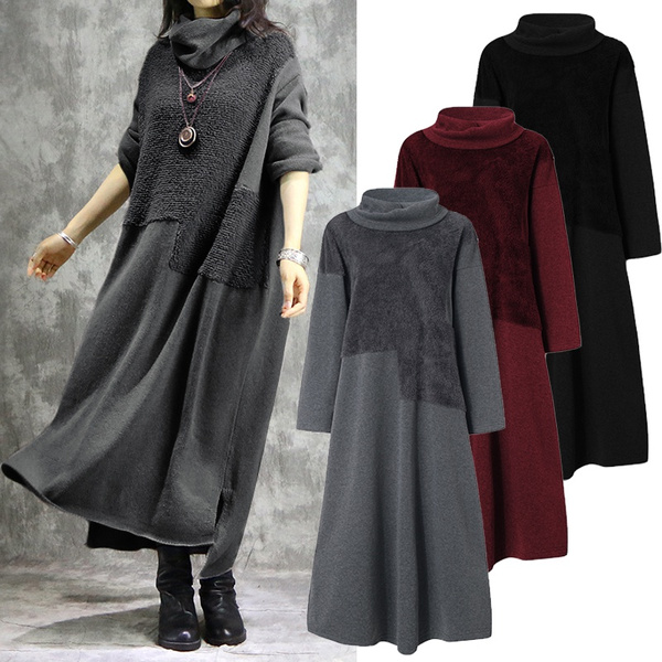 Fashion Women High Neck Turtleneck Plus Patchwork Hooded Dress