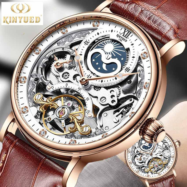 KINYUED Men Classic Tourbillon Mechanical Watch Skeleton Watch Diamond Watch Moon Phase Business Watch Genuine Leather Watches Mechanische Uhr Montre