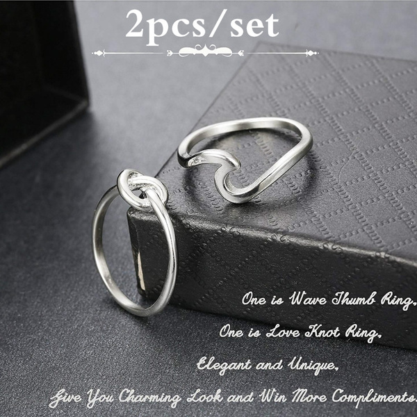 2PCS/set 925 sterling silver Womens Rings for Girls Wave Rings Size 5-10