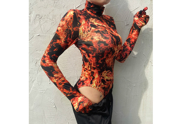 Fire Flame Print Turtleneck Bodysuit, High Neck Long Sleeve