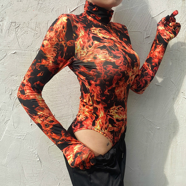 New Flaming Fire Print Women Sexy Bodysuit with Gloves Turtleneck Long  Sleeve Bodysuits Rompers One-piece Top