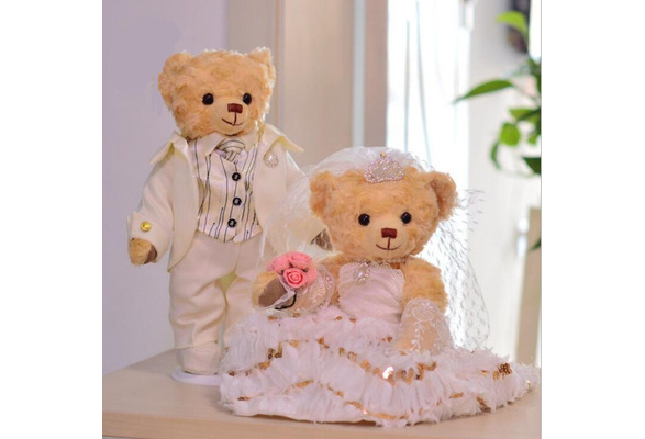 2pcs set 35cm Stuffed Animals Wedding Teddy Bears Plush Bride and Groom Bears Toys Teddy Bear Soft Dolls for Wedding Decoration Wish