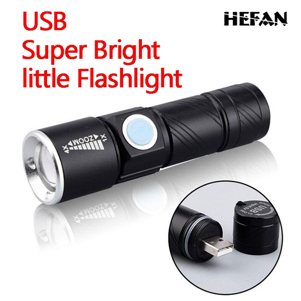 Small  LED USB Rechargeable Portable Flashlight Zoom Torch Lamp Light black 