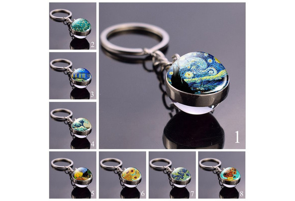 Van gogh Oil painting Starry Sky Acrylic Keychain Cartoon Key Ring for  Women's Backpacks Bags Jewelry Best Gift Id Badge Holder