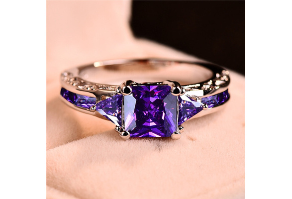 Princess Cut Purple Amethyst Wedding Ring white Rhodium Plated Jewelry Size 8 