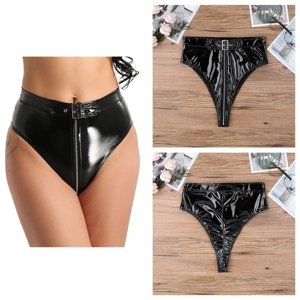 Women PVC Leather Zipper Bikini Briefs Wet Look High Cut Thong Lingerie Knicker 