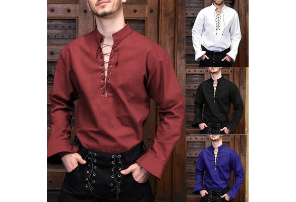 HSMQHJWE Cooling Shirts For Men Mens Suit Male Vintage Lace Shirt Stand  Collar Long Sleeve Fold Shirt Blouse Mens All Shirts 