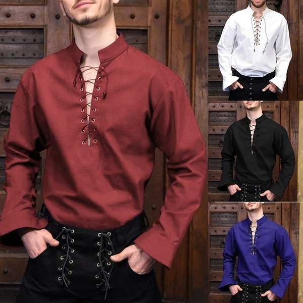 Men's Solid Color Vintage Lace Up Short Sleeve Shirt Stand Collar