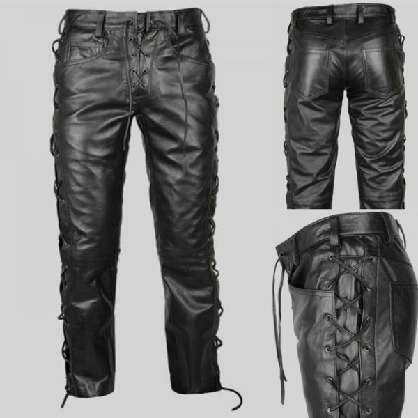 lace up leather biker jeans