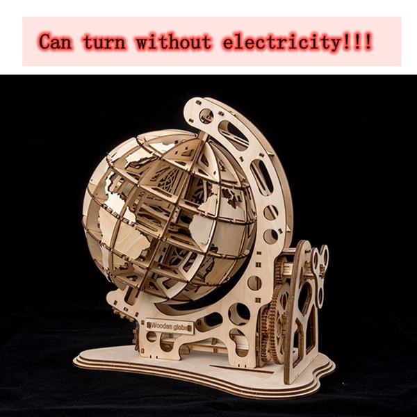 3D Wooden Globe Puzzle Mechanical Drive DIY Model Transmission Gear Rotate 