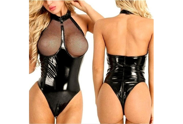 NEW Women Gothic Sexy Patent Leather Mesh Lingerie Plus Size Bodysuit XS~XXL