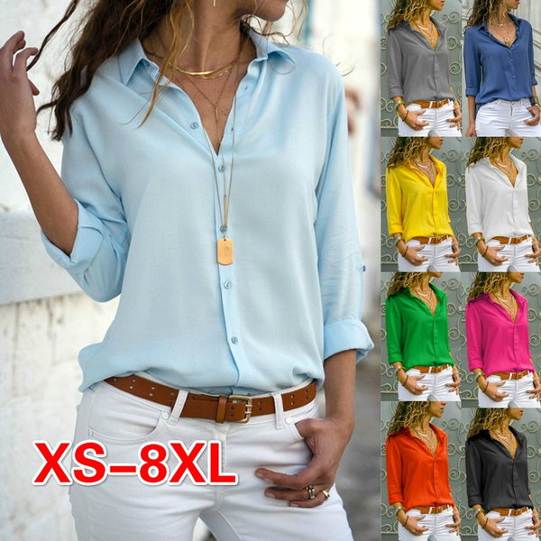 Women Fashion Long Sleeve Office Lady Chiffon Blouse Shirt Button T-Shirt Tops