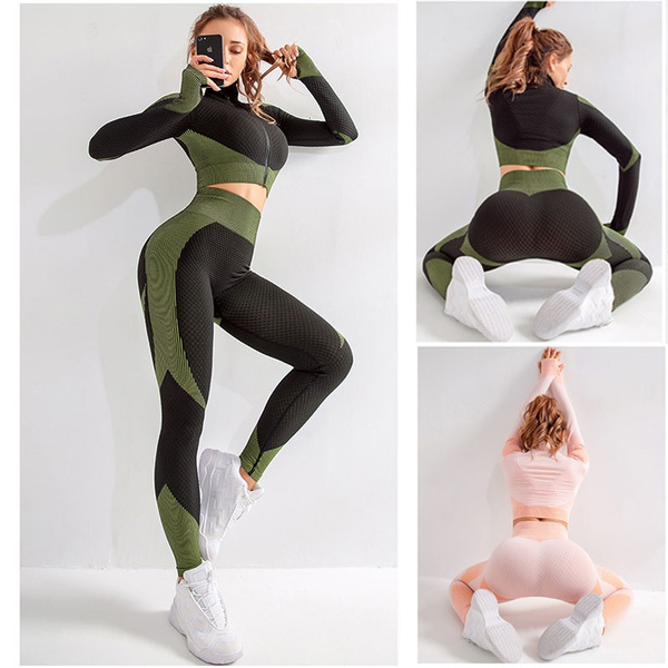 2Colors Women Gym Sets Cropped Seamless Long Sleeve Top Running Fitness  Leggings Crop Top Women Workout sets Yoga Shirts for Women Sports Tops Gym