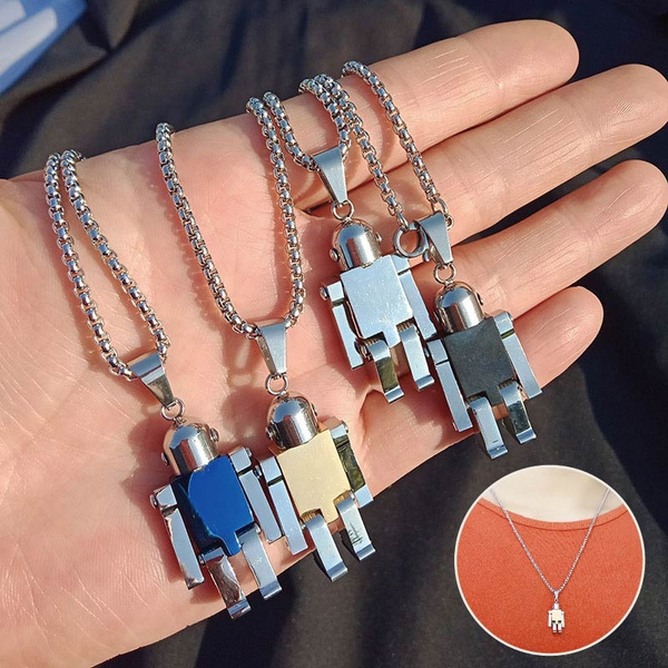 Engravable Robot Astronaut Couple Necklace In Titanium