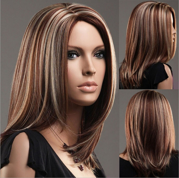 European And American Ladies Wig Mid Length Bobo Medium Long Hair Brown White Highlighting Long Straight Hair Wig Wish