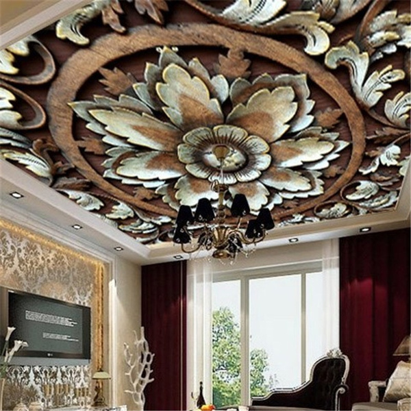 Large Custom Wall Paper 3D European Retro 3D Wood Carving Flower Roof Mural  Wallpapers 3D for Living Room Bedroom Ceiling Decor | Wish