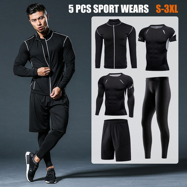 Mens Sports Athletic Outfits Compression Shirt Running Training Suits Gym Shorts