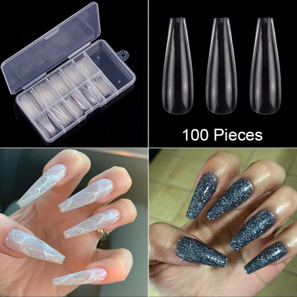 100 Pieces Long Coffin Ballerina False Nail Tips Transparent Color Fake Nails Acrylic Full Cover Tips Wish