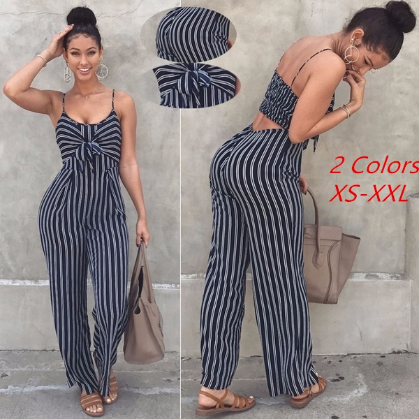 Slim Striped Strap Bow Bottoming Jumpsuit Ladies Nightclub Party Jumpsuit &  Jumpsuit Chiffon Pants