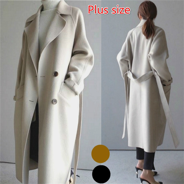 Wool Coat Jacket Oversize Outwear Lapel Belt Trench Womens Wool Blend Parka 