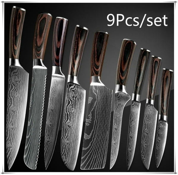 9PCS/set Japanese Kitchen Knives Laser Damascus Pattern Chef Knife