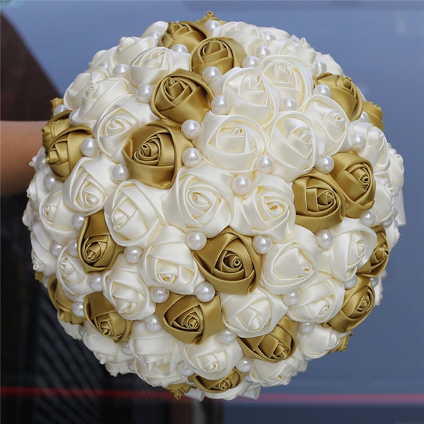 18cm Gold Ivory Simple Bride Wedding Bouquets Pearl Beaded Bouquet With Bow Knot Sation Rose Bridesmaid Flower Wedding Accessories Bouquet Wish