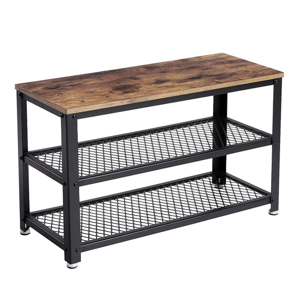 3-Tier Shoe Rack Industrial Shoe Bench with Storage Shelves-Brown