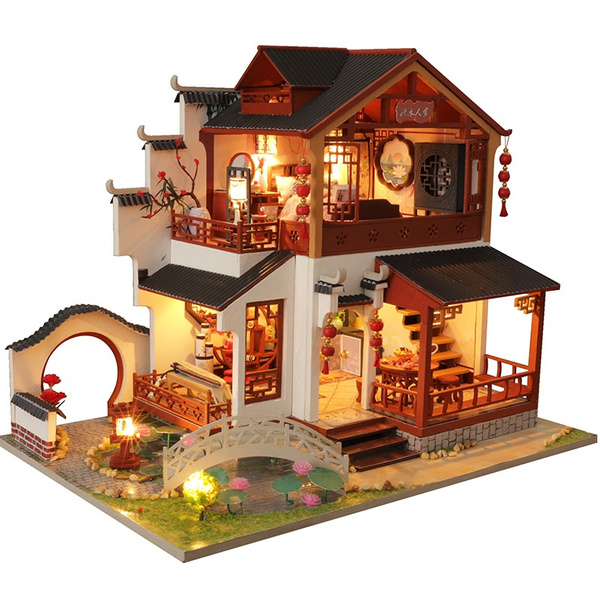 DIY Wooden Dollhouse Casa Miniature With Furniture Kit Chinese Movie Scene Doll  Houses Assemble Toy for Children Christmas Gift