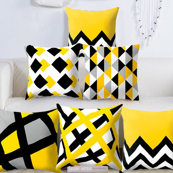 Yellow Geometric Cushion Cover Home Decor Sofa Pillow Cases Peach Skin Cashmere 