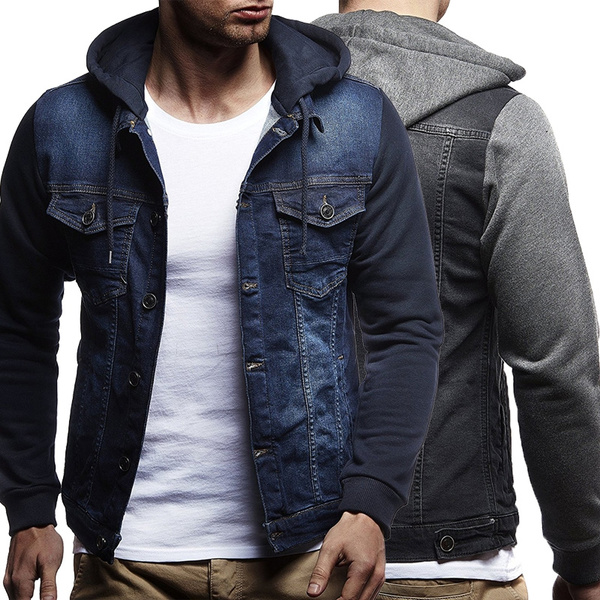 LZLER Hooded Jean Jacket for Men Casual Slim Blue Denim Jacket - Walmart.com