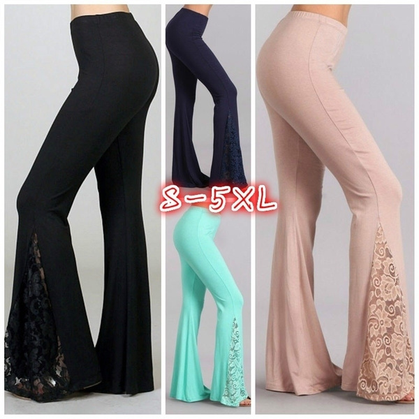 Women Fashion Super Flare Bell Bottom Lace Patchwork Wide Leg Pants Female  Pure Color Slim Fit Trousers Plus Size S~5XL