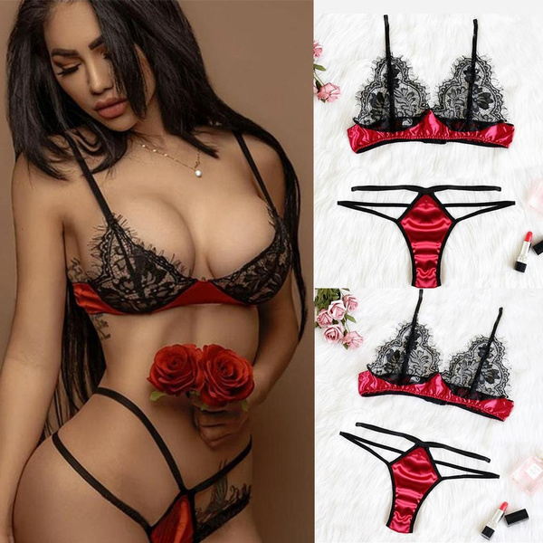 Conjunto de lencería de retazos de encaje con correa de espagueti ajustable  con cuello en V sexy para mujer | Wish