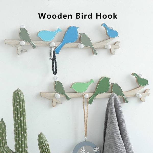 Creative Wooden Bird Coat Hook Wall Mount Shelf Hanging Entrance