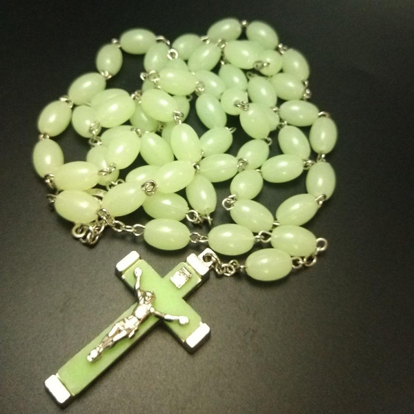 Glow in the Dark Rosary Necklace Jesus Christ Cross Pendant Noctilucent  Chain