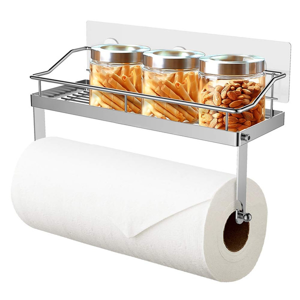 Stainless Steel No Drilling Adhesive Paper Towel Holder with Shelf Kitchen  Roll Dispenser Spice Rack Wall Mounted Bathroom Organiser Storage
