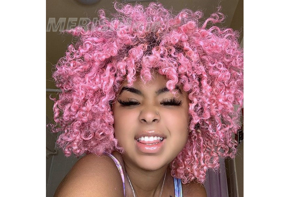 Wish Användarrecensioner: Beautiful Short Curly Hair Full Wigs Ombre Pink  Synthetic Wig for Women